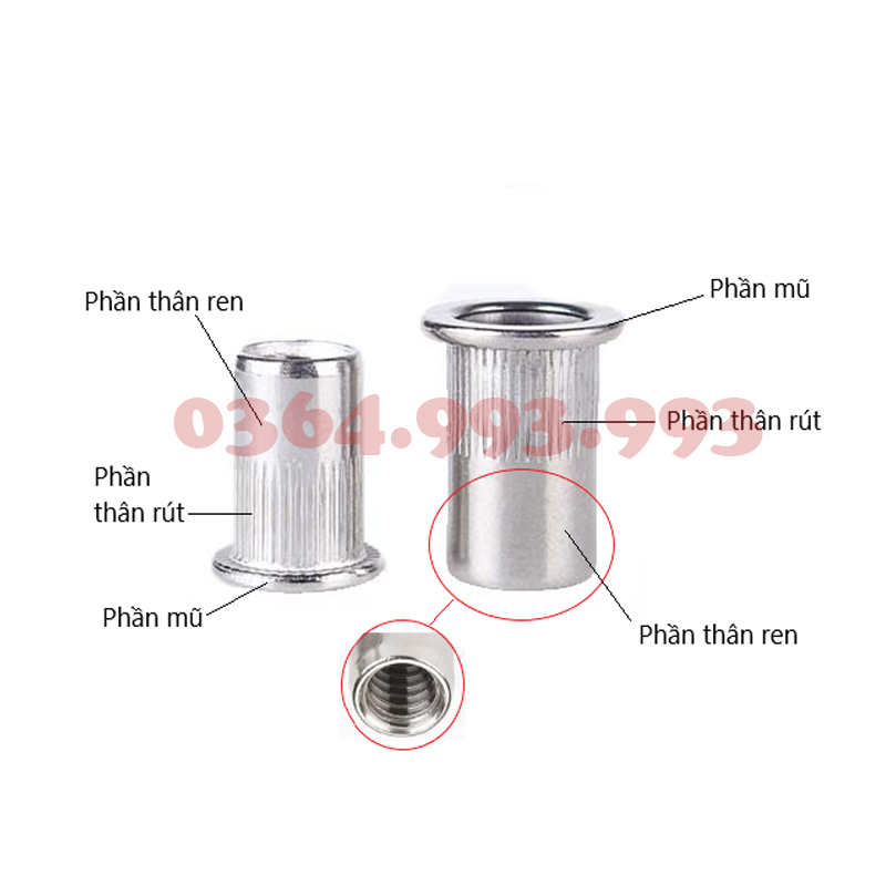 Ốc Tán Rút M10 Inox. Đai Ốc Rút M10 Inox. Ecu Rút M10 Inox