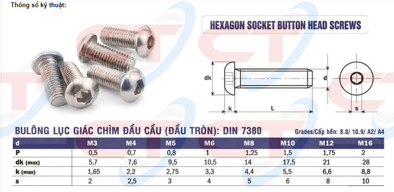 thông số bulong chỏm cầu inox